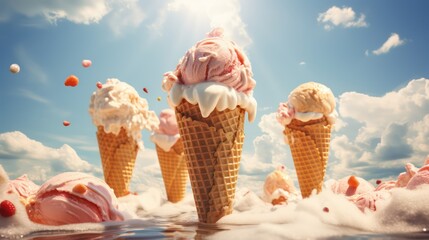 Ice cream in waffle cones on blue sky background with clouds