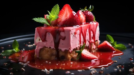 Strawberry Cheesecake with Strawberry Sauce on Black Background