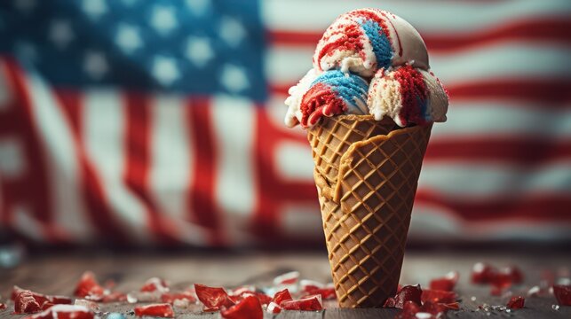 American flag and ice cream in waffle cone on wooden table