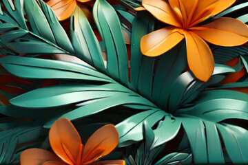 orange flower background, Tropical Flowers Mid Century Modern Art Future Abstract and Artistic Palm Leaves Background. Seamless, AI generated