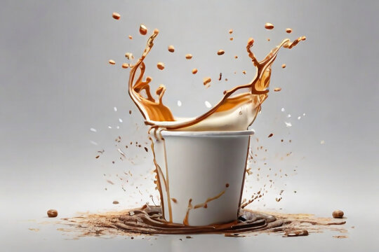 tea splash in a glass, Falling disposable paper cup with coffee splash isolated on white background. UHD drawing, pen and ink, perfect composition. AI generated