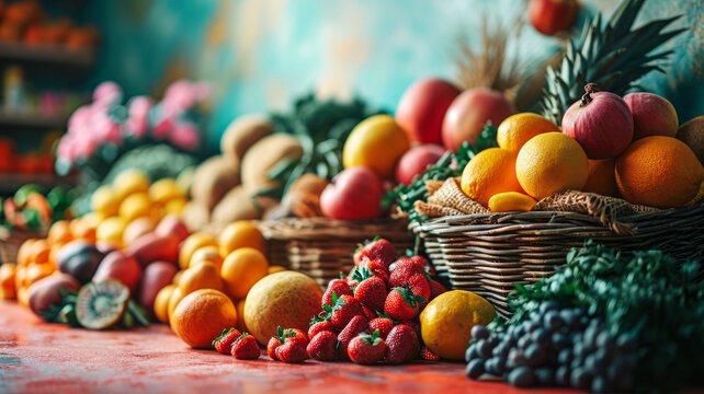 
Baskets of assorted fruits create a refreshing atmosphere, highlighting the richness of aromas and colors.