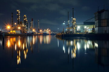 Obraz premium Harbor infrastructure and ships at night
