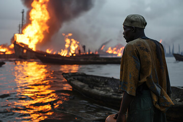 Naklejka premium Oil fires in Africa, man facing environmental disaster