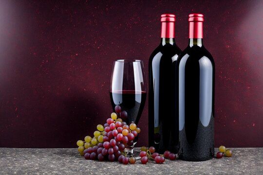 bottle and glass of red wine with grapes on a dark background