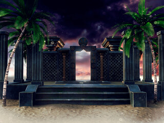Fantasy scene with ruins of a dark temple surrounded by palm trees. Made from 3d elements and painted parts. No AI used.  - 701438853