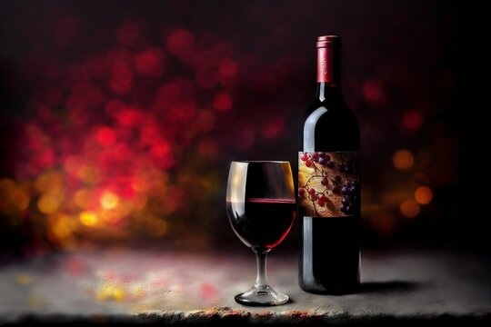 bottle and glass of red wine with grapes on a dark background