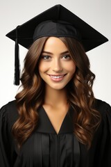 A woman wearing a graduation cap and gown.