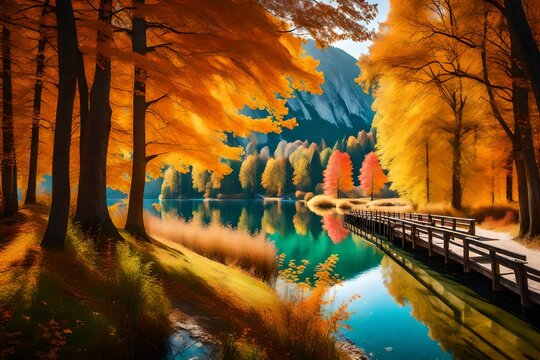 Wonderful autumn landscape. Beautiful romantic alley near popular alpine lake Grundlsee with colorful trees. Scenic image of forest landscape at sunny day. stunning nature background

