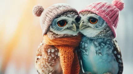 Poster Two cute owls cuddle, symbolizing love with pastel tones and a creative, lively animal concept. Ideal for Valentine's Day, portraying a small owl couple representing pet affection. © mimi