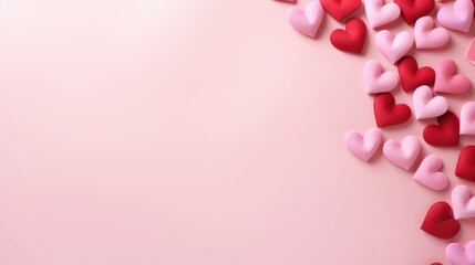 A pink background with lots of red and pink hearts. Valentines day background with copy-space. - obrazy, fototapety, plakaty