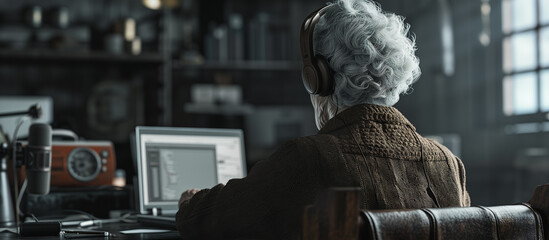 ヘッドセットを付けた高齢女性がパソコンを使っているシーン - obrazy, fototapety, plakaty
