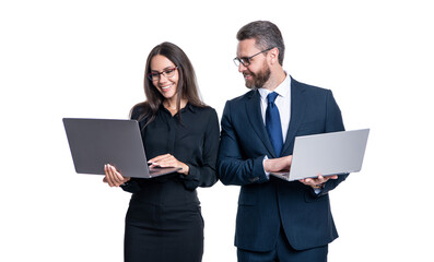online business communication. businesspeople with laptop in office. Remote online working. Business success. businesspeople isolated on white. freelancer working online. laptop instead paperwork