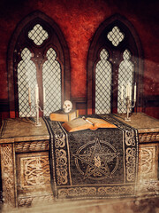 Dark altar with books of spells, a skull, a dagger, and candelabras. Made from 3d elements and painted parts. No AI used.  - 701439616