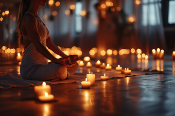 A tranquil moment as a young woman engages in a gentle yoga pose amid soft candlelight creating a serene meditation scene. Ai generated - obrazy, fototapety, plakaty
