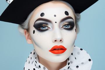 Woman with black and white Carnival Pierrot costume makeup - obrazy, fototapety, plakaty