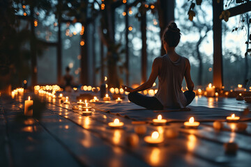 A tranquil moment as a young woman engages in a gentle yoga pose amid soft candlelight creating a serene meditation scene. Ai generated - 701439694