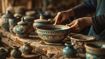 A masterful potter artisan crafts intricate pottery ceramics preserving cultural heritage through skillful artistry. Ai generated