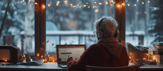 ヘッドセットを付けた高齢女性がパソコンを使っているシーン