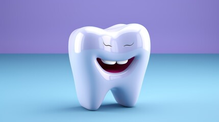 Tooth with happy face isolated on blue background