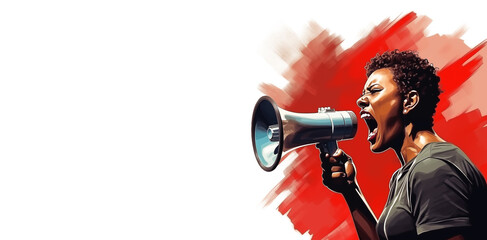 Side profile view of a black African-America woman shouting through a loudspeaker with red graphic design isolated against pure white background - Generative AI - advertising poster for broadcast text - obrazy, fototapety, plakaty