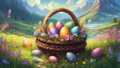 Oil painted illustration of Easter eggs in basket. Beautiful landscape. Spring holiday