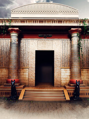 Fantasy scene with the entrance to an ancient Egyptian temple, with columns and Bast statues. Made from 3d elements and painted parts. No AI used.  - 701440892