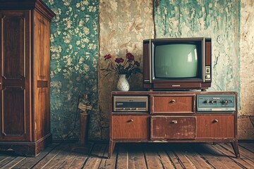 Vintage TV against the wall. Retro style.