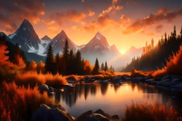 Deurstickers Envision the first light of Autumn touching the mountains, creating a scene that blurs the lines between reality and fantasy. © Muhammad