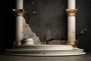 round multistage podium with gold-plated Greek pillars for the presentation of luxury products. stone rome stand with glowing light arch and ancient marble columns. dark background - obrazy, fototapety, plakaty
