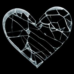 A broken glass heart on a black background.
