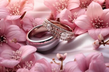 wedding rings gold with diamonds on a pillow of flowers.