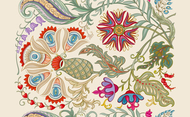 Fantasy flowers in retro, vintage, jacobean embroidery style. Seamless pattern, background. Vector illustration.