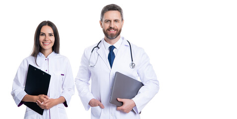 professional physician with internist. medicine and healthcare. doctor at hospital. two doctor hold medical prescription. doctor and nurse with clipboard isolated on white. online service - obrazy, fototapety, plakaty