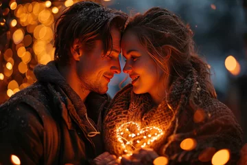Fotobehang Young couple with heart shape fireworks. St. Valentines day. © vetre