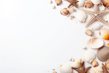 summer sea concept banner frame with sand shells and starfish. border on a white background.