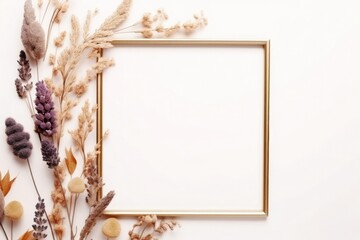 blank  white paper frame border with dried flowers