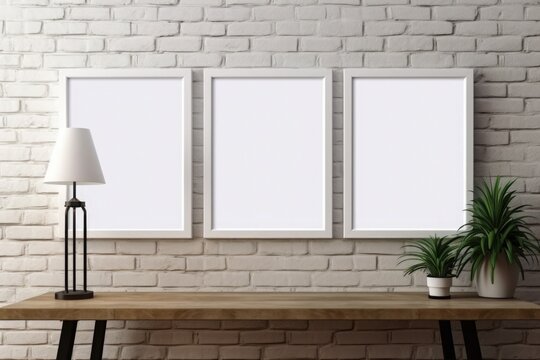 white paper frame canvas mockup in classic beige light interior with brickwork