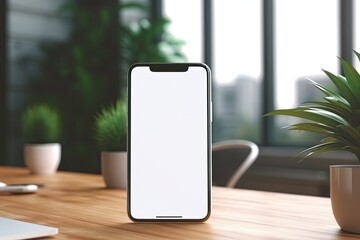 mockup of mobile phone with blank white screen in cafe blur background