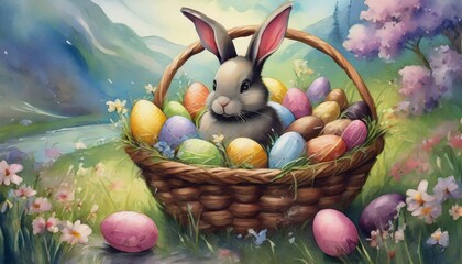 Oil painted illustration of colorful Easter eggs and bunny, natural background. Spring holiday