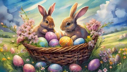 Oil painted illustration of colorful Easter eggs and bunnies, natural background. Spring holiday