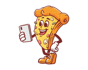 Pizza with gadget cartoon mascot illustration character vector clip art hand drawn