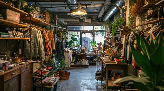 Old Shop Of Vintage Clothes And Items Surrounded By House Plants