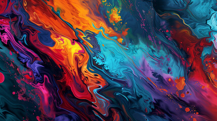 Close-up of vibrant fluid digital painting with dark, saturated colors, fractal fire background, and multicolored vector art, perfect for wallpaper