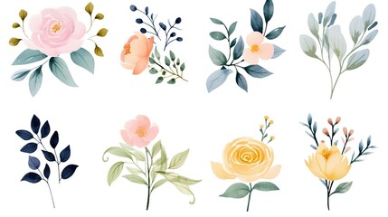watercolor floral bouquet illustration set - blush pink blue yellow flower green leaf leaves branches bouquets collection. Wedding stationary, greetings, wallpapers, fashion, background. Generative Ai