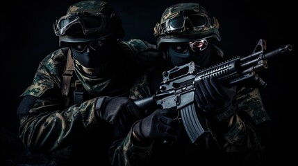Two Army with full weaponry in black background. AI generated image