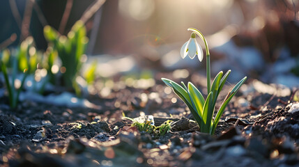 The first snowdrop blooms in the sunny spring light