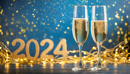 2024 happy new year with two cups of champagne. Champagne glasses on blue and gold glitter background.