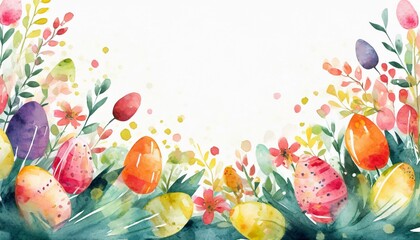 Fototapeta na wymiar Watercolor illustration of Easter eggs, spring flowers and leafy branches