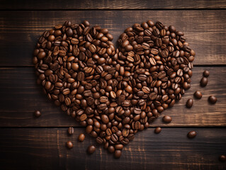 Roasted coffee beans arranged in a heart shape 